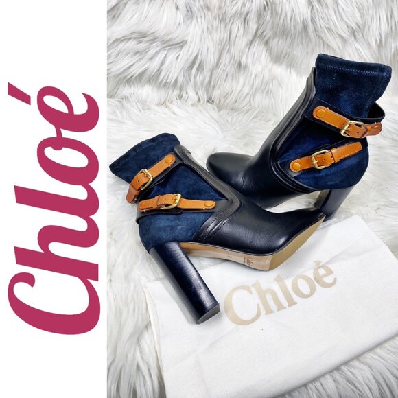 CHLOE SELENIA LEATHER ANKLE BOOTIE CUOIO BLUE BLOCK HEEL EQUESTRIAN, EU 37 - Picture 1 of 13
